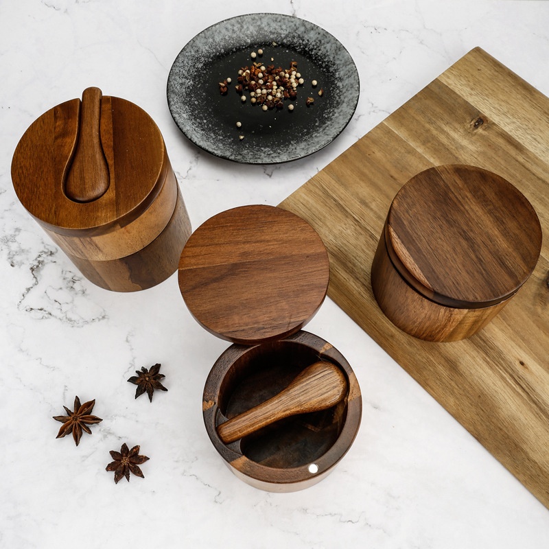 Boîte à sel et à assaisonnements en bois d'acacia – Image 3