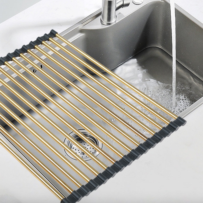 Égouttoir à vaisselle pliable en acier inoxydable — doré