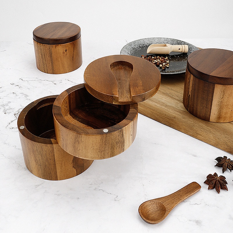 Boîte à sel et à assaisonnements en bois d'acacia – Image 4