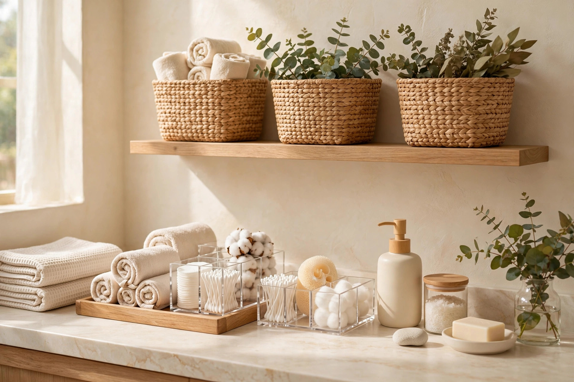 Étagère de salle de bain organisée avec paniers et serviettes