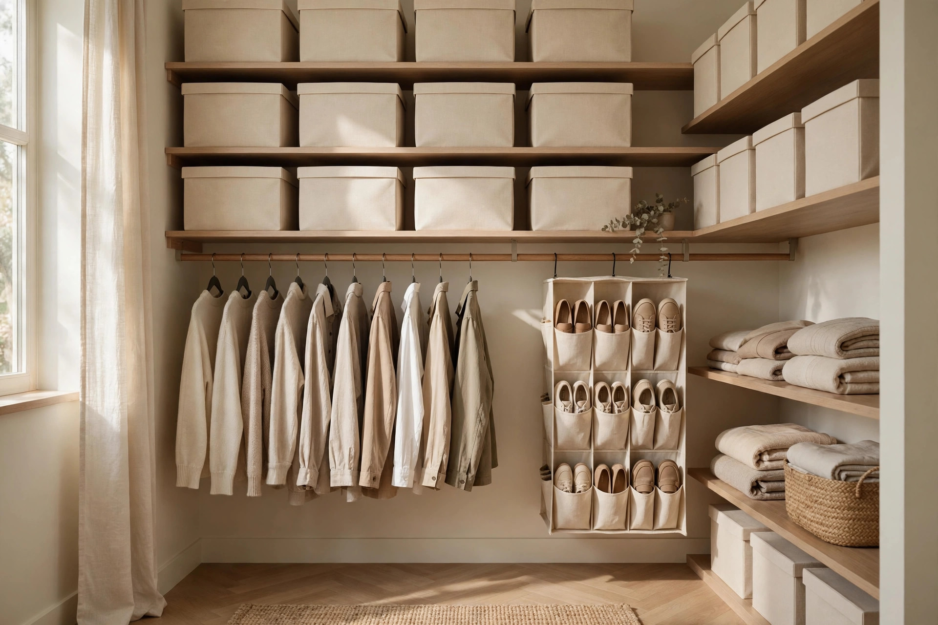 Placard bien rangé avec boîtes de rangement et vêtements suspendus