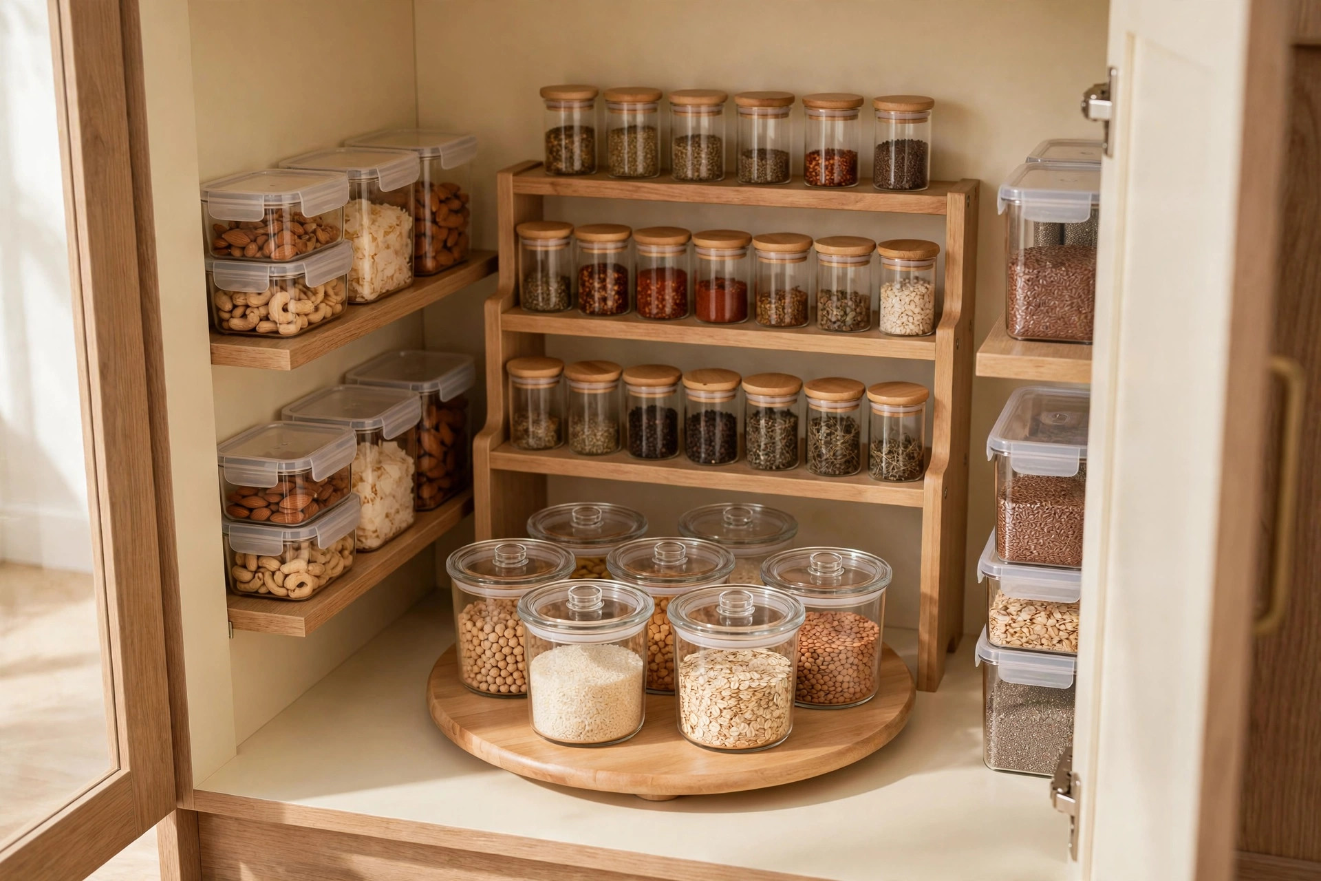 Placard de cuisine organisé avec étagère à épices et contenants